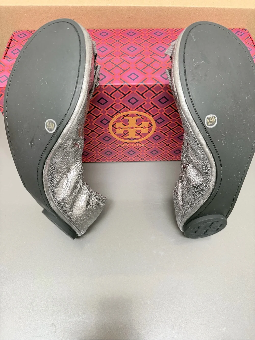 Tory Burch Metallic Pewter Jeweled Bow Ballet Flats